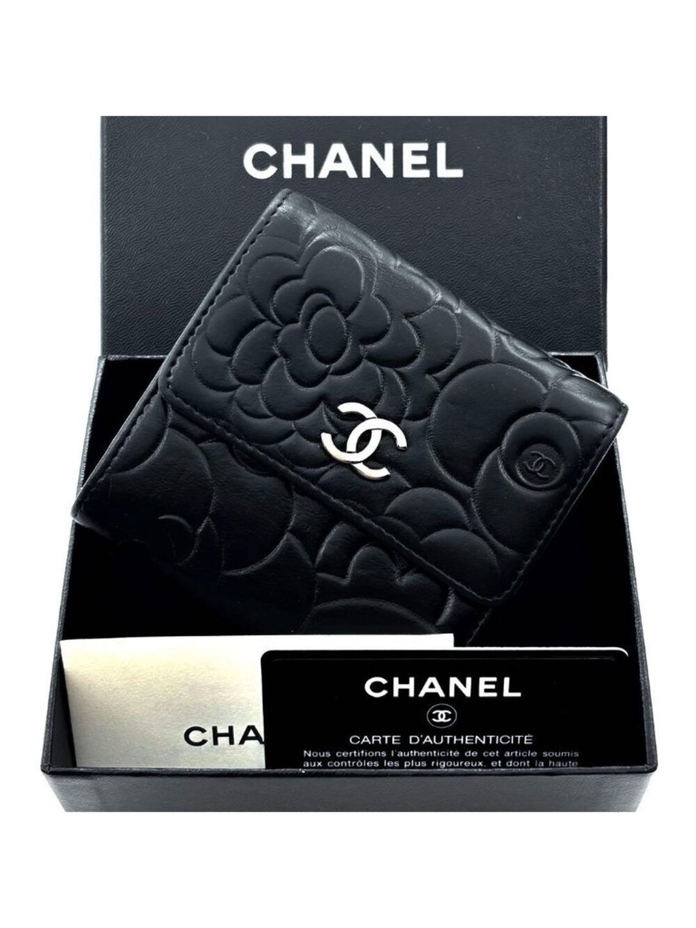 Chanel Wallet Camellia Embossed Hook Trifold